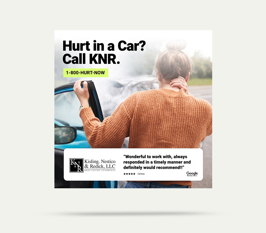 Image of a person holding their neck with the text: Hurt in a Car? Call KNR.