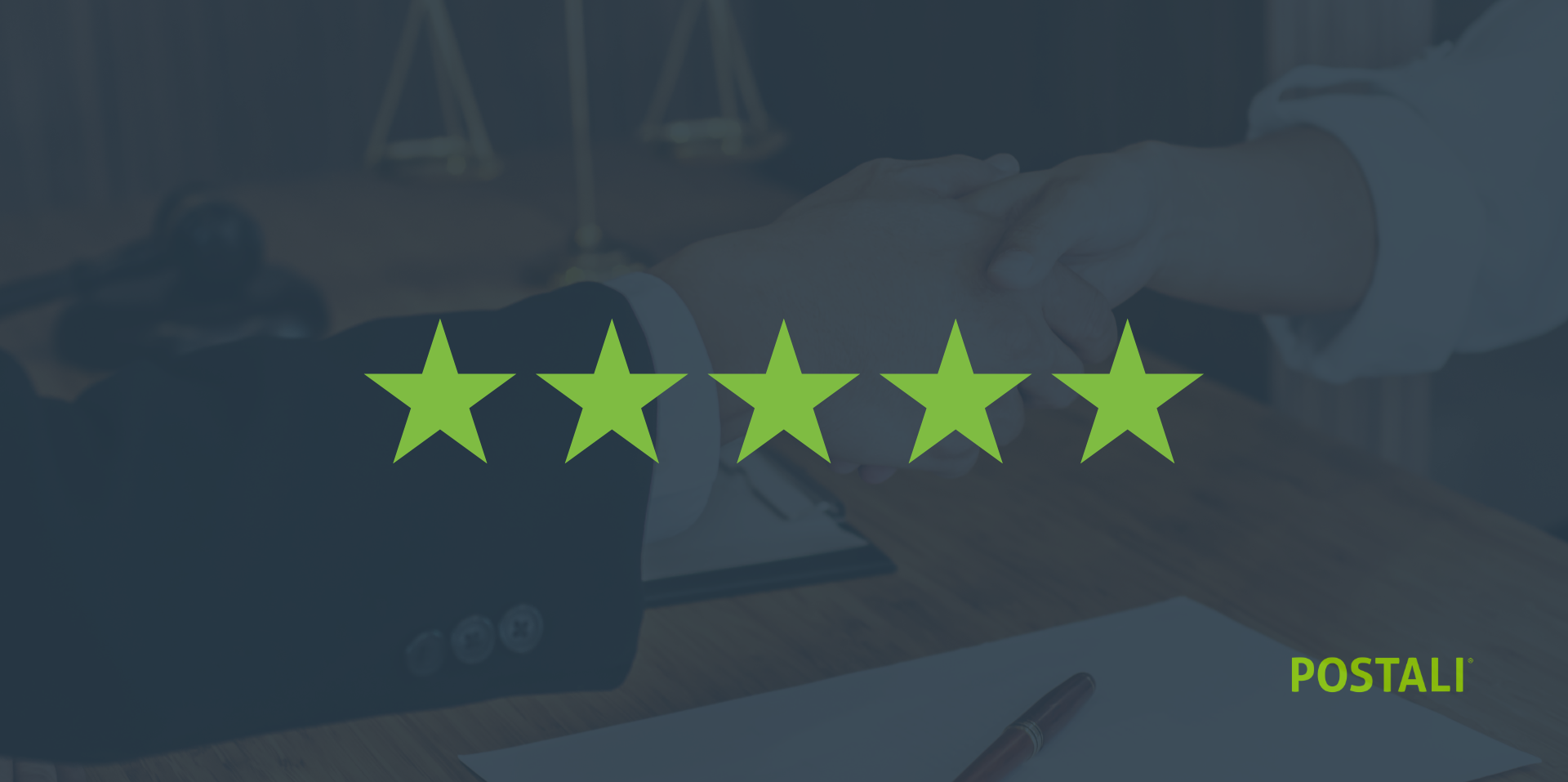 Dark navy overlay image of two hands shaking in a legal office. Five green stars - like in a positive online review - are solid across the image.