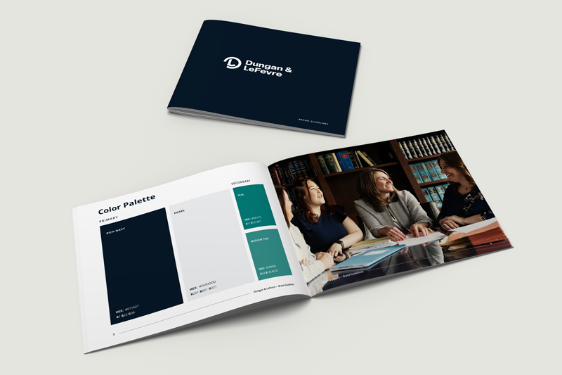 Mockup of a law firm's physical brand book.