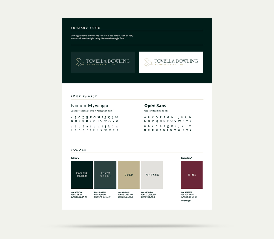 Digital brand guide for Tovella Dowling.