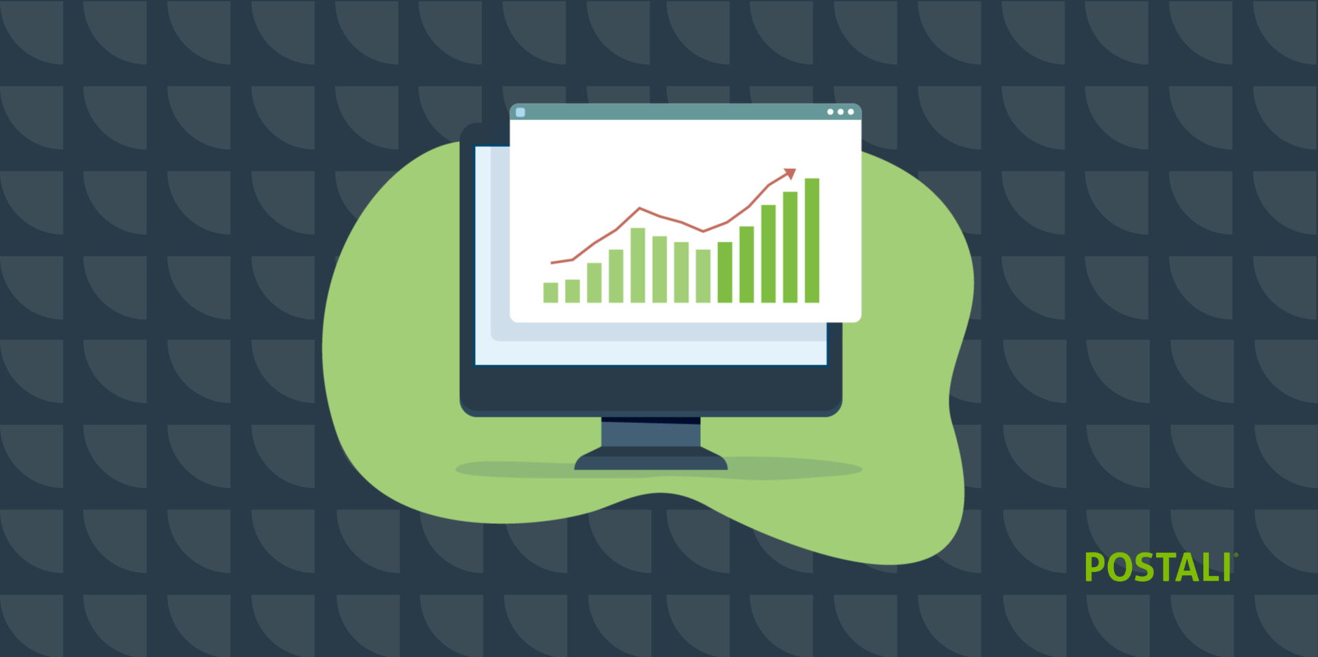 Navy blue background with light texture featuring a computer screen illustration with a bar graph trending upward. Abstract green shape is behind the computer screen illustration.